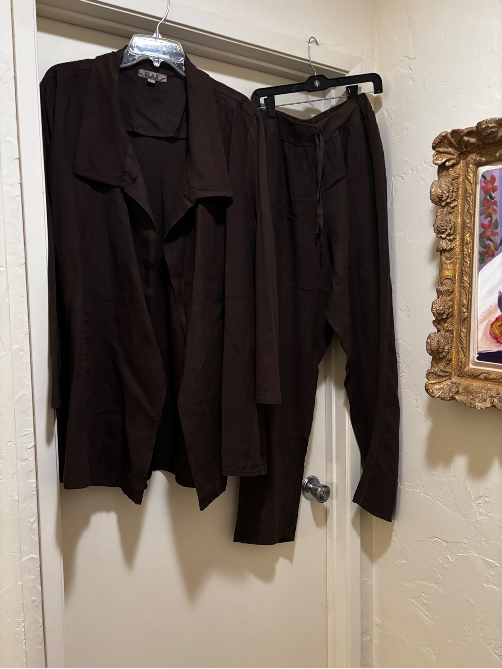 FLAX Two Piece Linen Dark Brown Draped Open-Front Cardigan Jacket and Pants